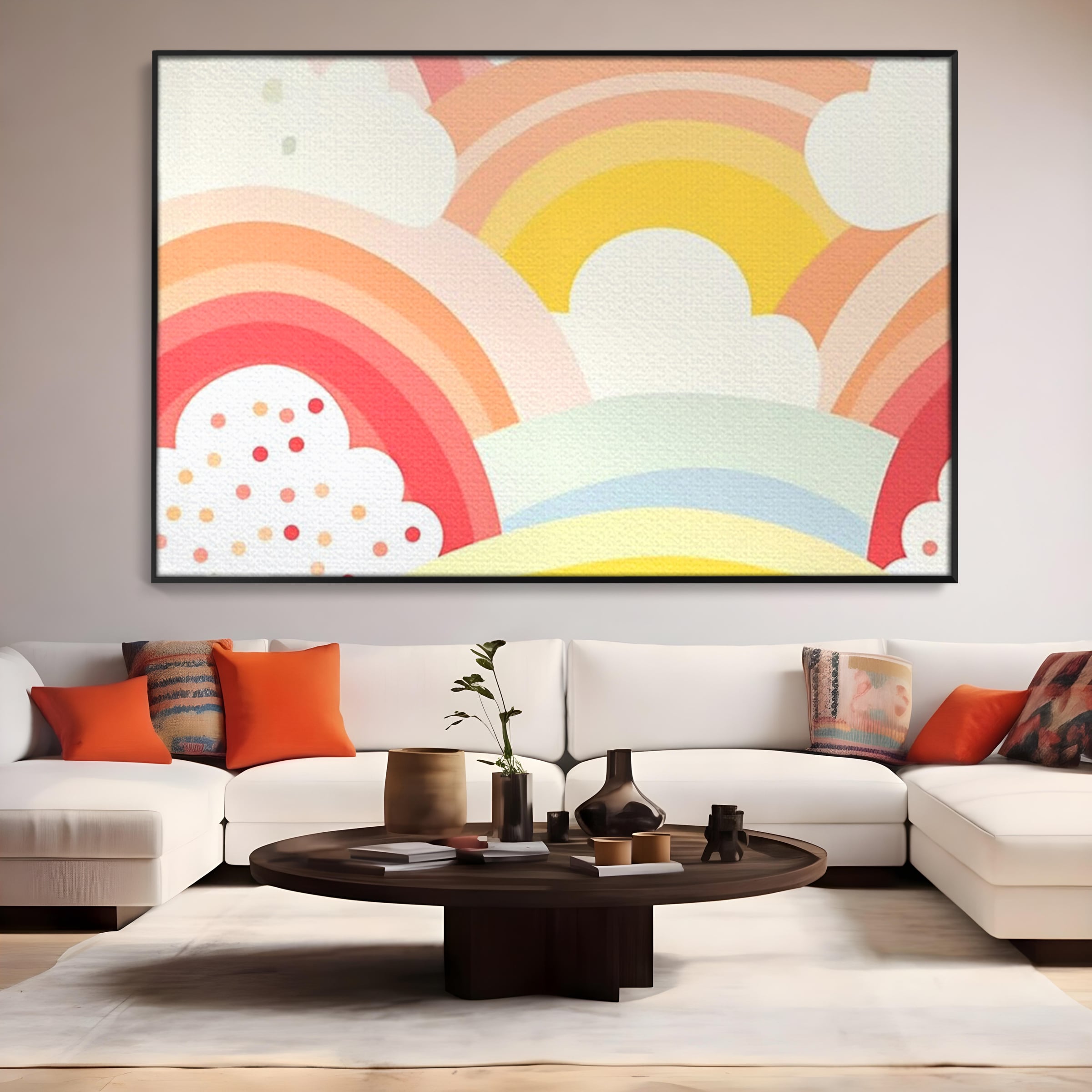 Tablou canvas cu ilustratie digitala cu curcubeu pastel si nori, in rama de aluminiu negru, pe perete intr-un living